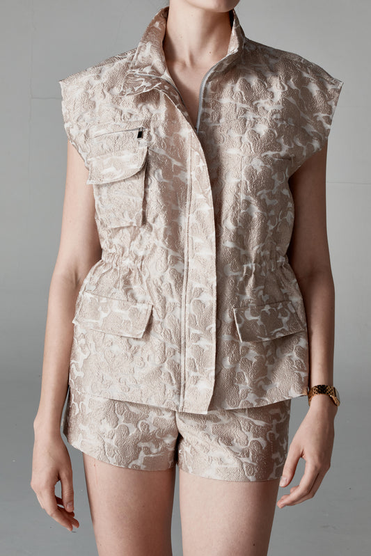 Evangeline jacquard sleeveless utility vest Evangeline jacquard tailored shorts