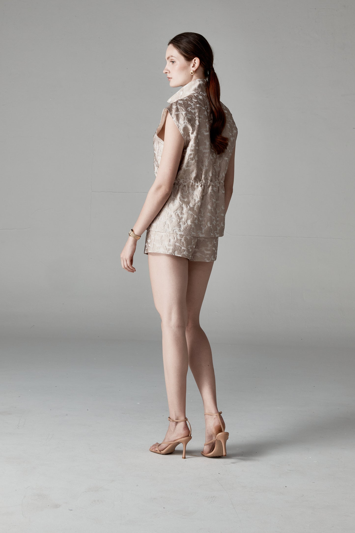 Evangeline jacquard sleeveless utility vest Evangeline jacquard tailored shorts