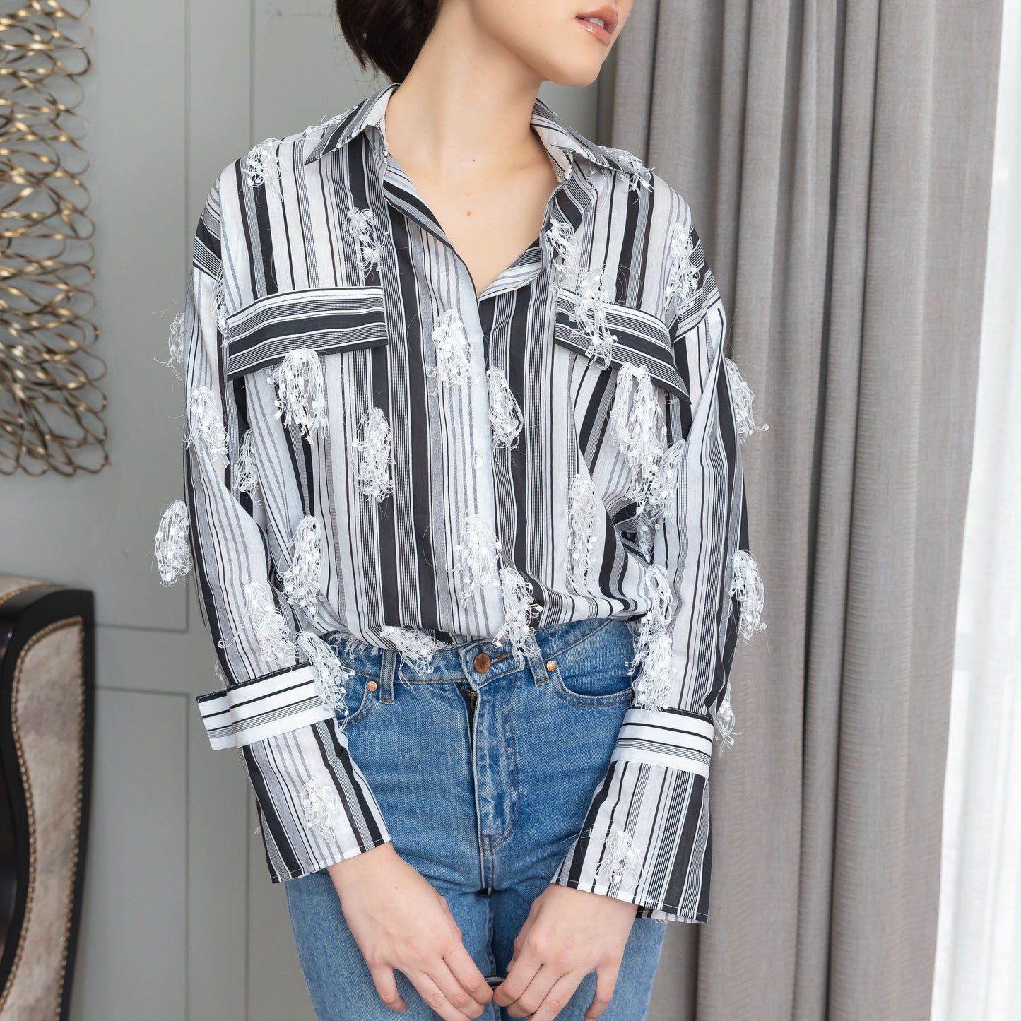 Lily of the valley double pocket shirt Pink pinstripes Mono Chrome Pinstripes