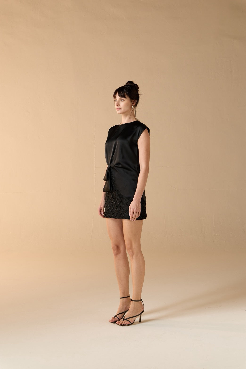 Selene Asymmetric Satin Wrap Top Selene Beaded Noir Mini Skirt