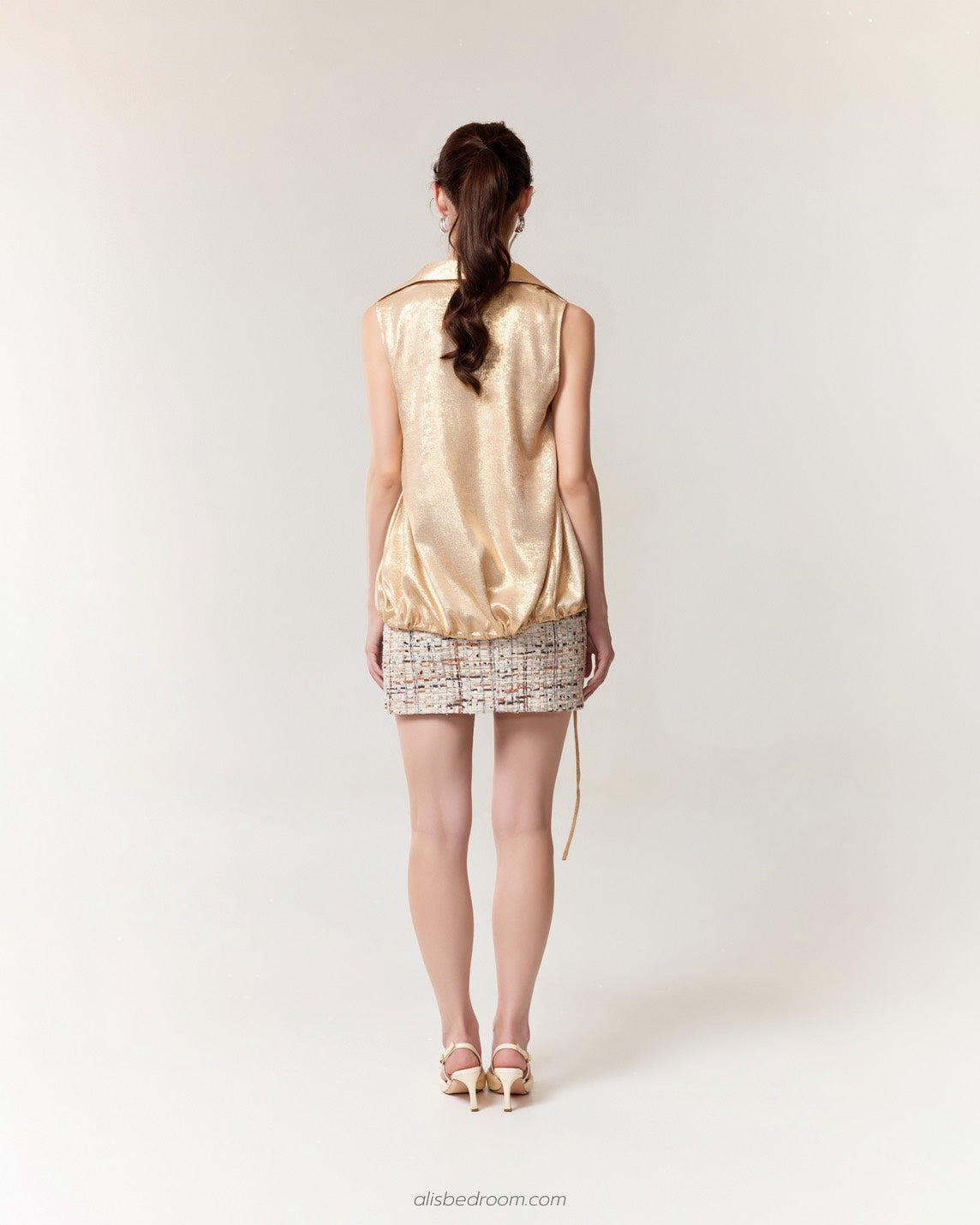 Meliora Lamé Sleeveless Gold Clementine Tweed Mini Skirt Blush