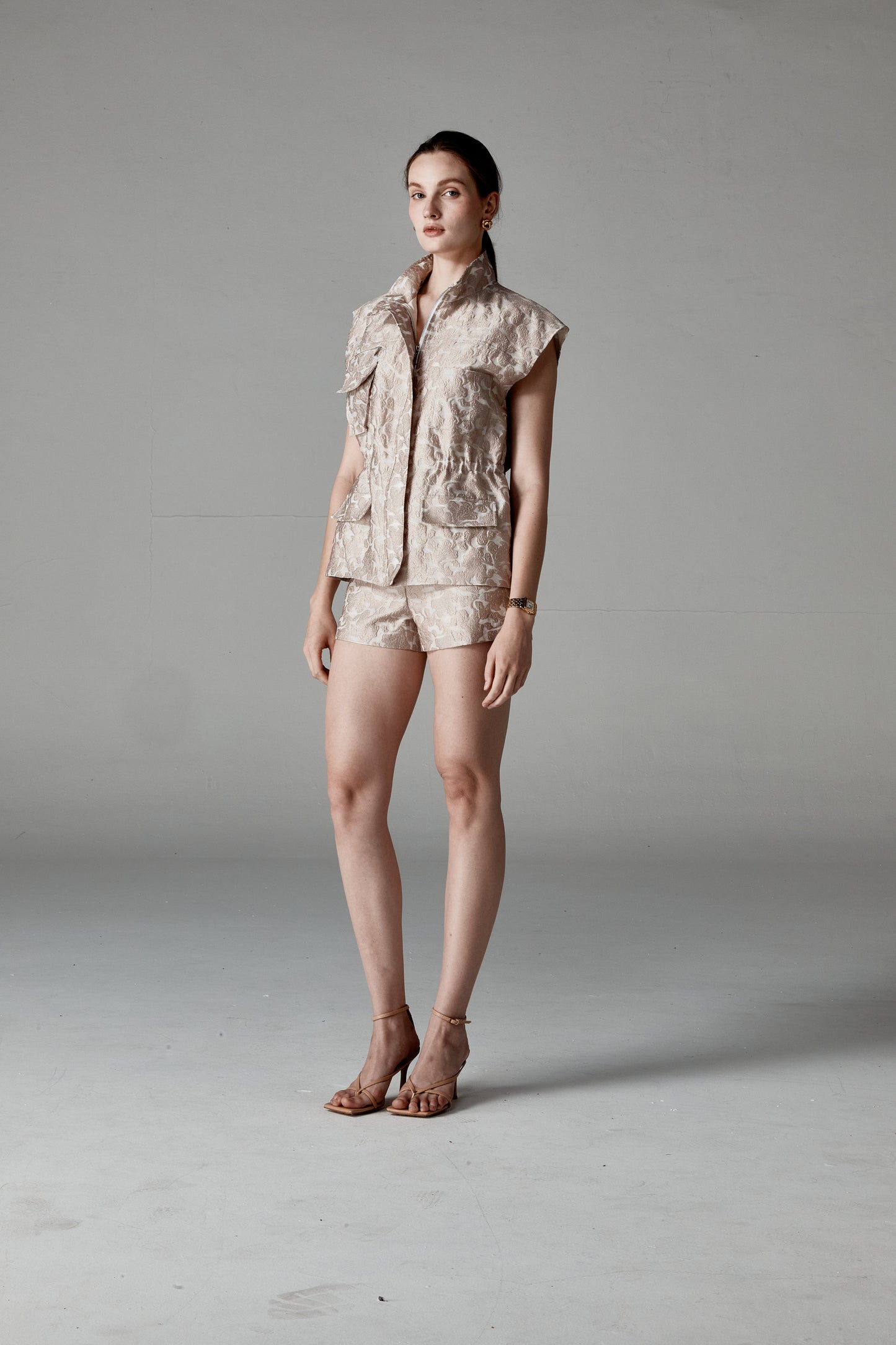 Evangeline jacquard sleeveless utility vest Evangeline jacquard tailored shorts
