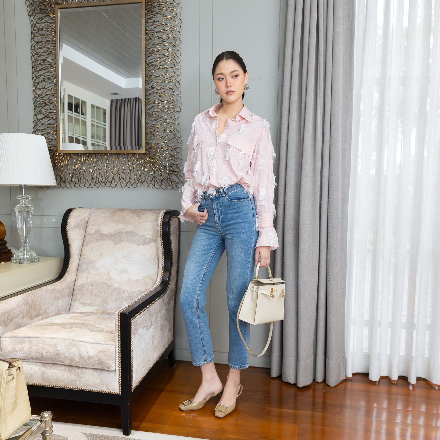 Lily of the valley double pocket shirt Pink pinstripes Mono Chrome Pinstripes