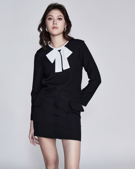 Genevieve Tuxedo Bow Mini Dress Midnight