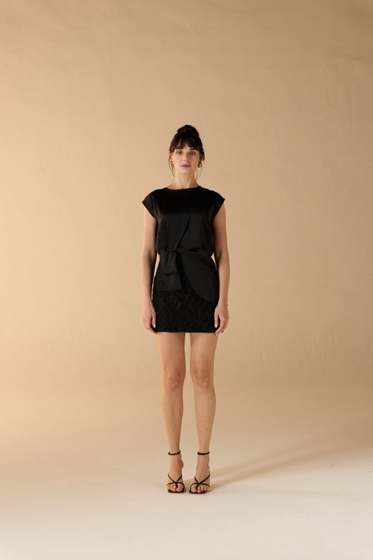 Selene Asymmetric Satin Wrap Top Selene Beaded Noir Mini Skirt