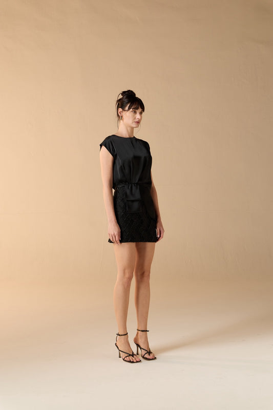 Selene Asymmetric Satin Wrap Top Selene Beaded Noir Mini Skirt