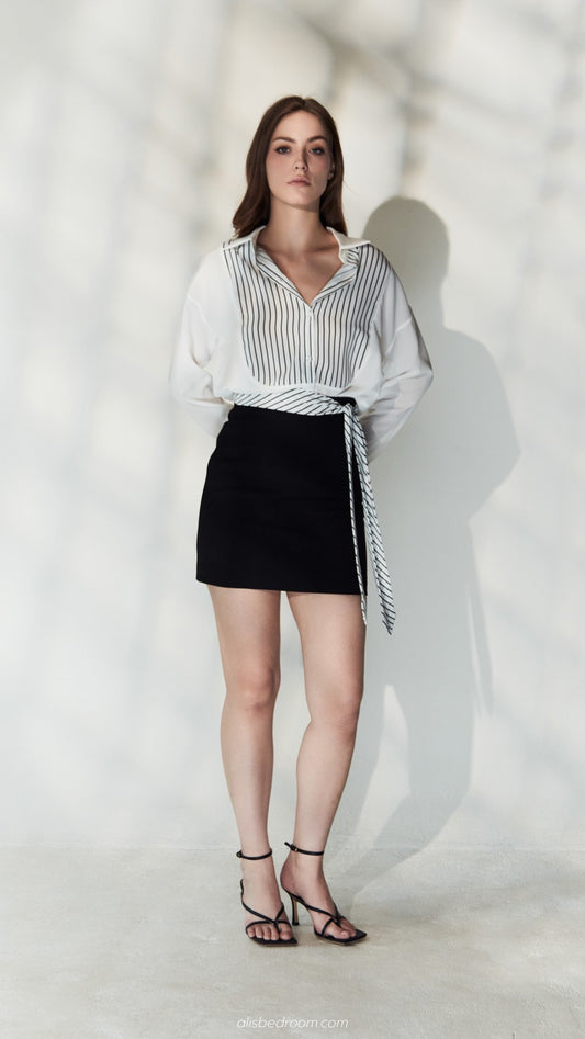 Theodora Long-Sleeve Contrast-Bib Blouse Porcelain