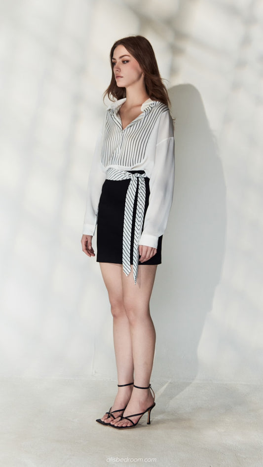 Theodora Long-Sleeve Contrast-Bib Blouse Porcelain