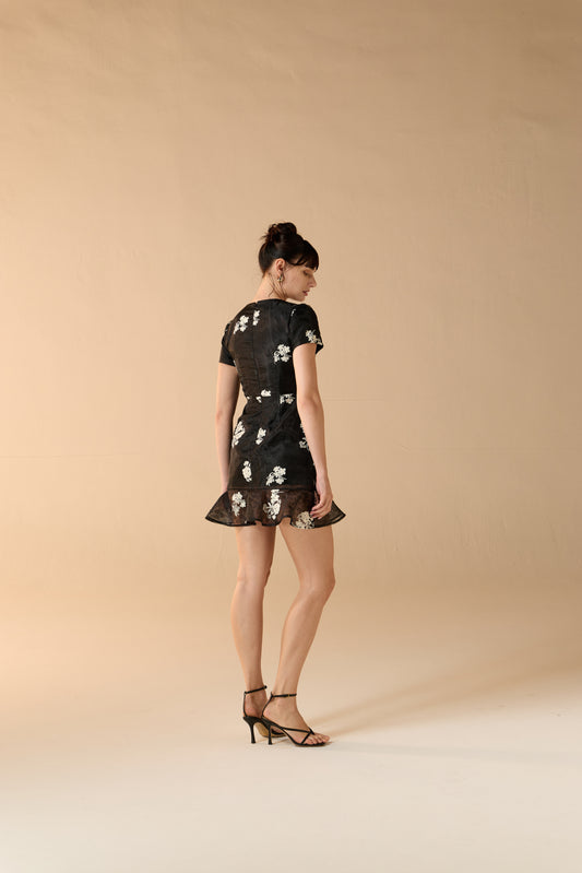 Cherry Floral Chiffon Overlay Mini Dress Midnight Black