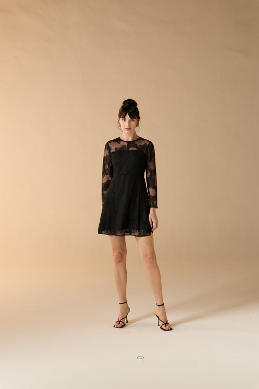 Dahlia Floral Baroque Lace Overlay Dress Midnight Black