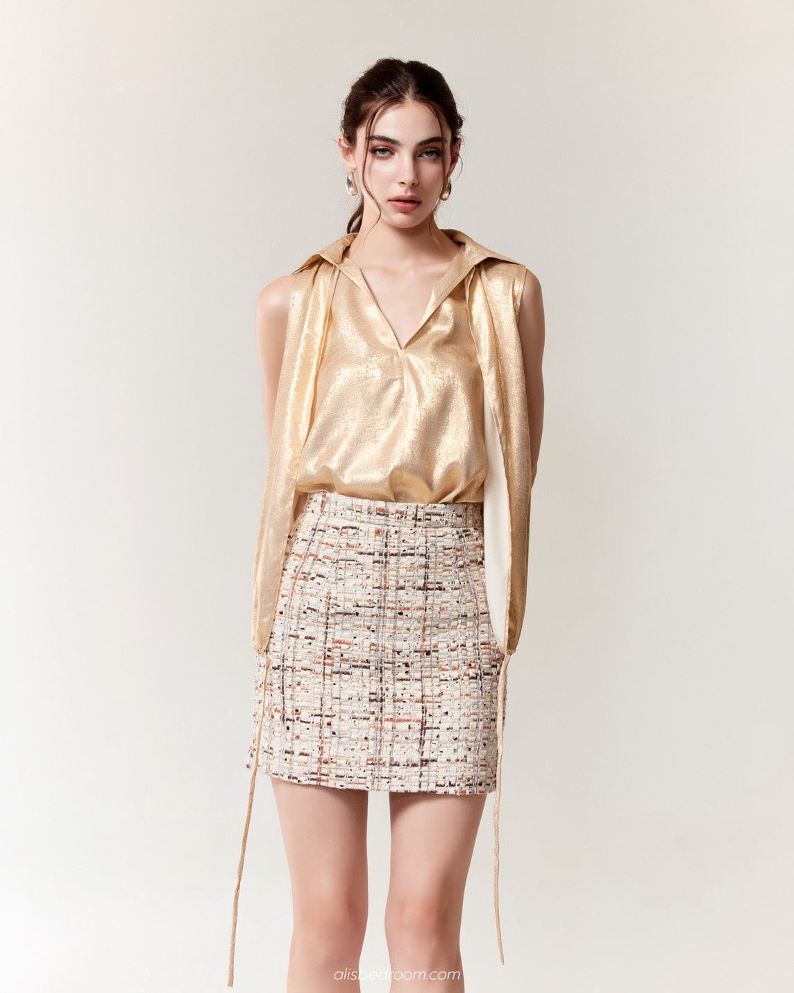 Meliora Lamé Sleeveless  Gold Clementine Tweed Mini Skirt Blush