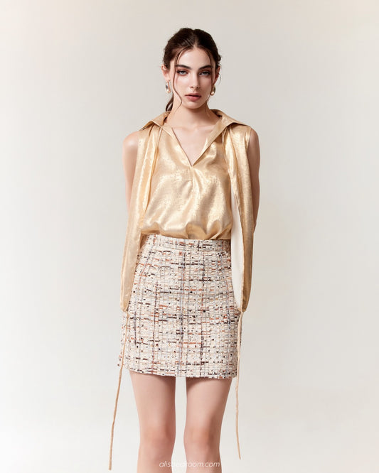 Meliora Lamé Sleeveless  Gold Clementine Tweed Mini Skirt Blush