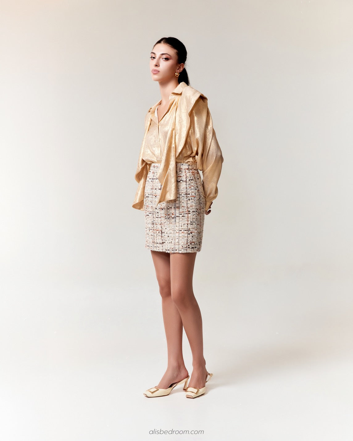 Meliora Lamé Blouse Gold Clementine Tweed Mini Skirt Blush