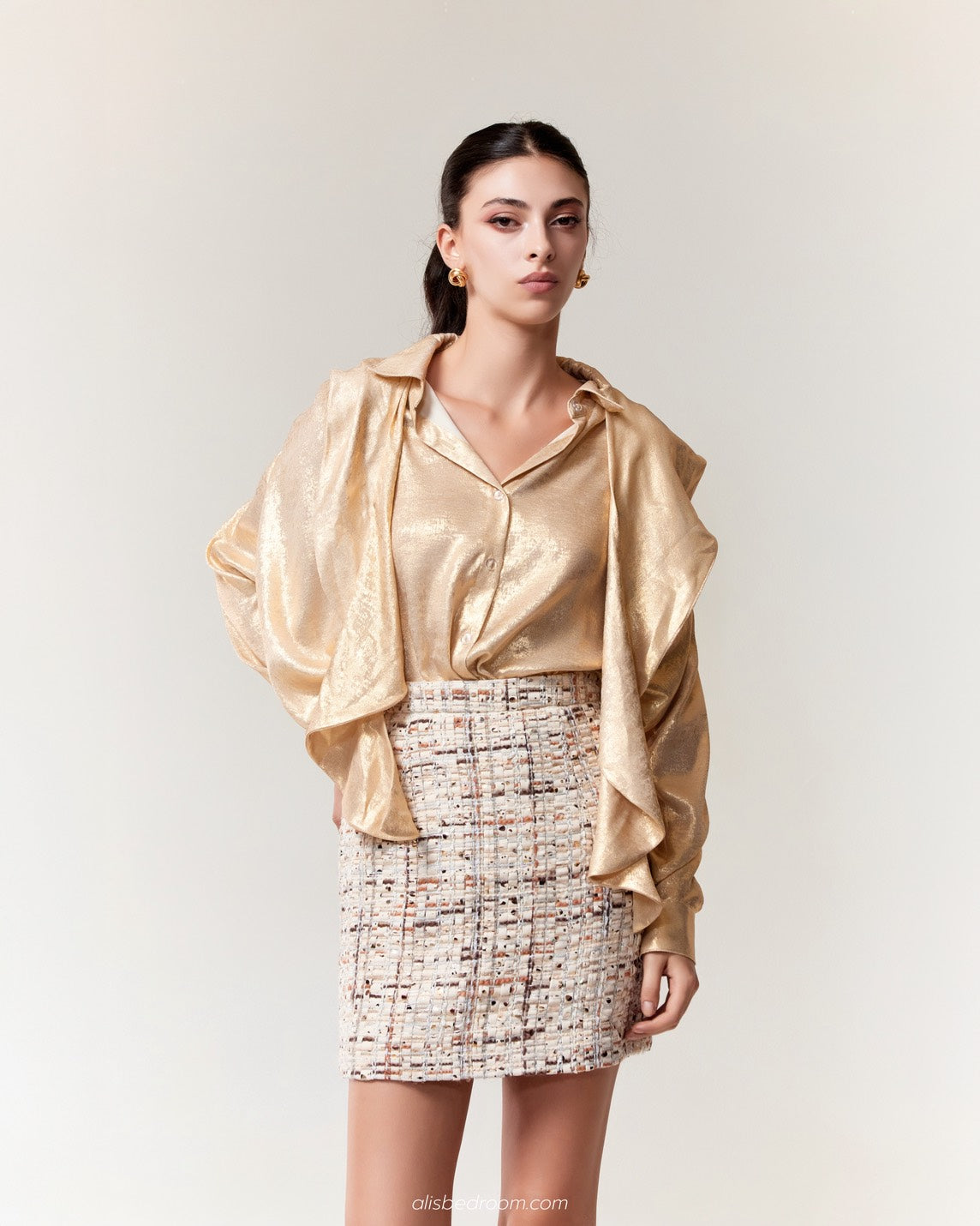 Meliora Lamé Blouse Gold Clementine Tweed Mini Skirt Blush