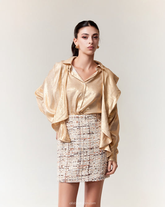 Meliora Lamé Blouse Gold Clementine Tweed Mini Skirt Blush